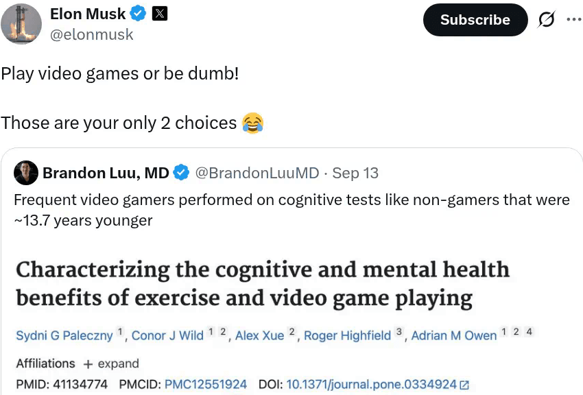 Elon Musk post about video games and cognitive test scores