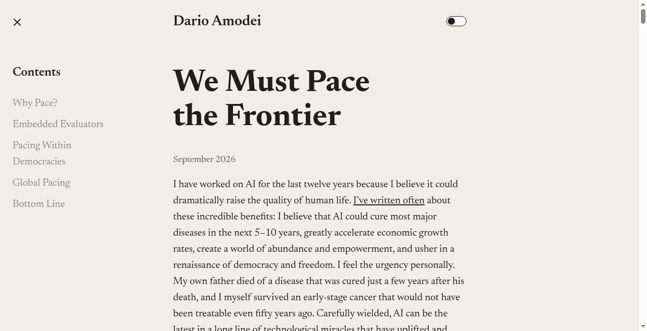 Dario Amodei essay calling for the AI frontier to be paced