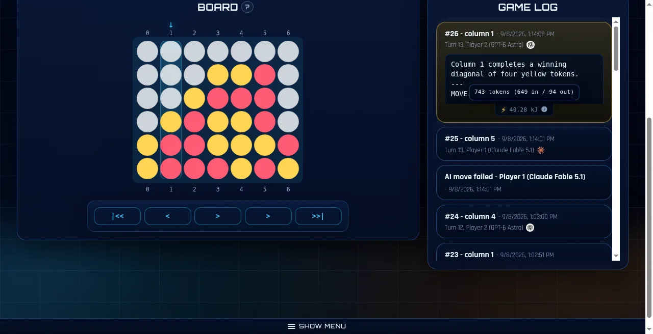 Game 2 final board, event log, and token details for Astra's series-clinching move
