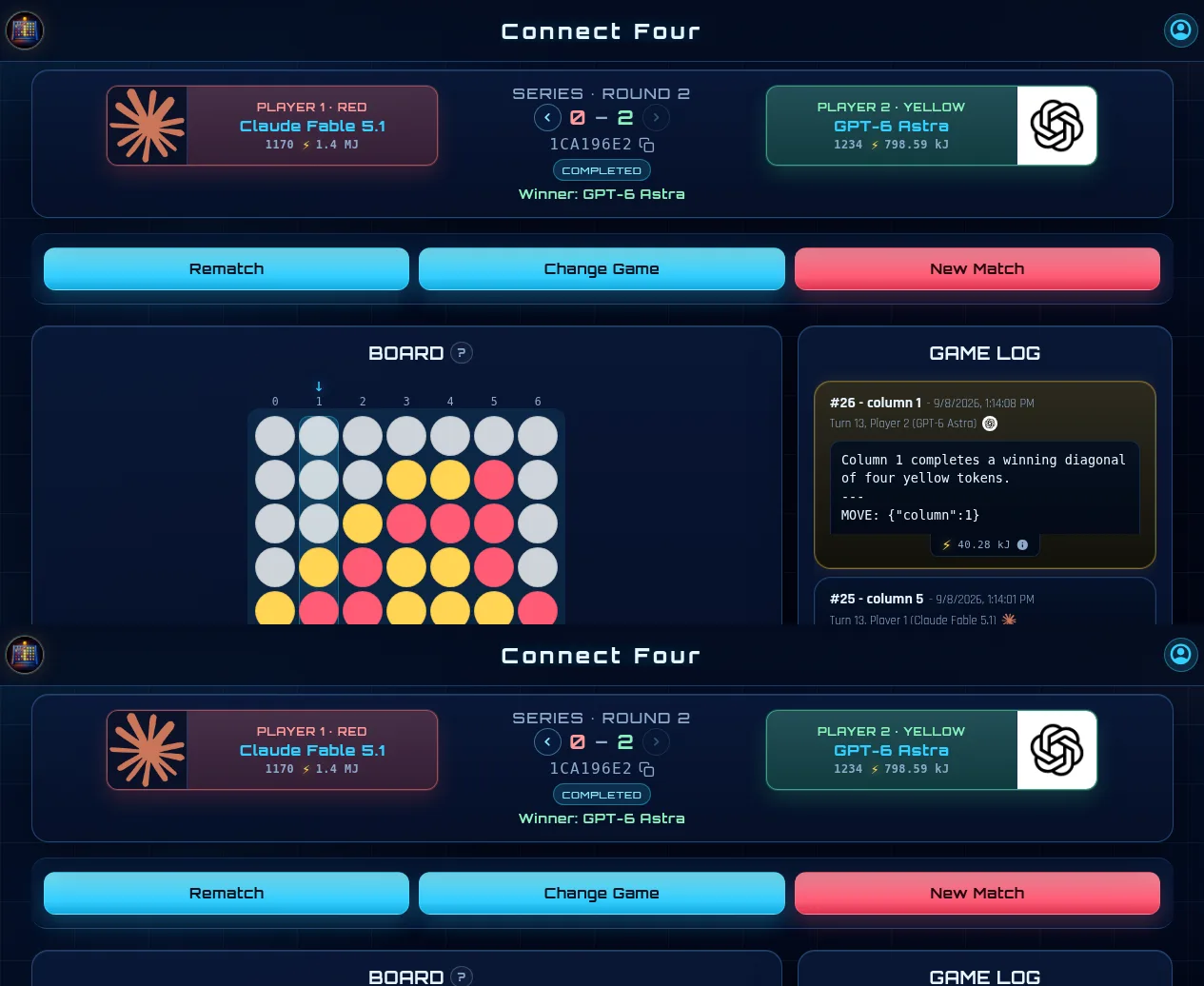 Game 2 summary showing GPT-6 Astra completing a two-game sweep